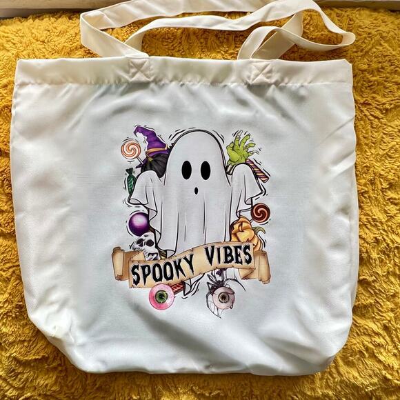 Spooky Vibes Ghost Tote Bag, Reusable Grocery Bag, Book Bag, Funny Tote Bag - Picture 1 of 2